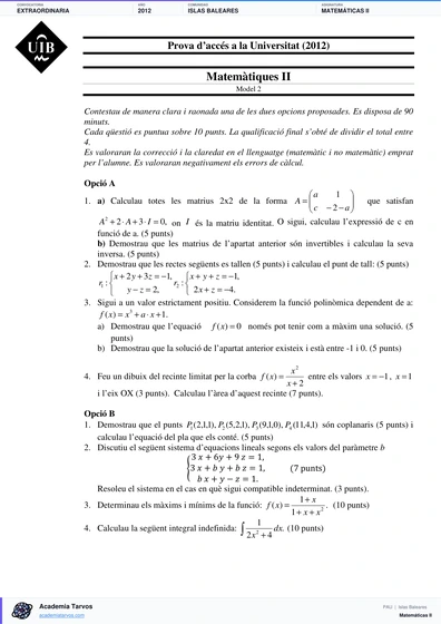 Vista previa de Examen PAU de Matemáticas II de Illes Balears 2012 – Extraordinaria