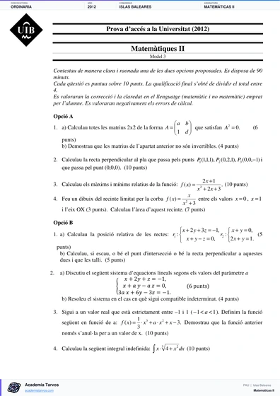 Vista previa de Examen PAU de Matemáticas II de Illes Balears 2012 – Ordinaria