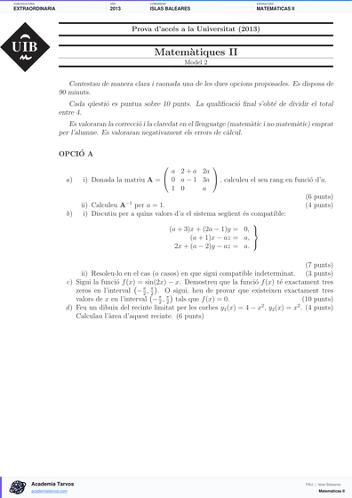 Vista previa de Examen PAU de Matemáticas II de Illes Balears 2013 – Extraordinaria