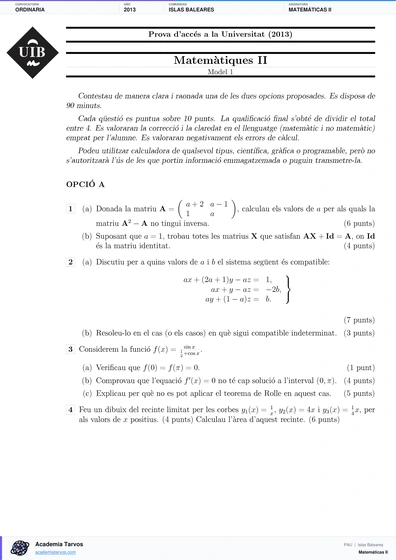 Vista previa de Examen PAU de Matemáticas II de Illes Balears 2013 – Ordinaria