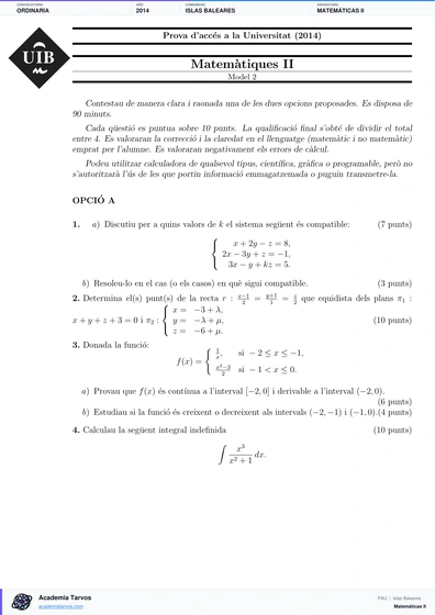Vista previa de Examen PAU de Matemáticas II de Illes Balears 2014 – Ordinaria