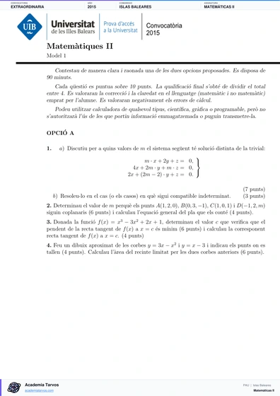 Vista previa de Examen PAU de Matemáticas II de Illes Balears 2015 – Extraordinaria