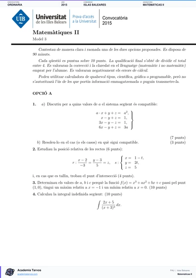 Vista previa de Examen PAU de Matemáticas II de Illes Balears 2015 – Ordinaria