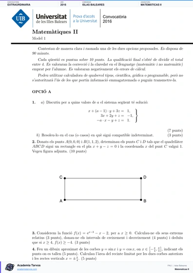 Vista previa de Examen PAU de Matemáticas II de Illes Balears 2016 – Extraordinaria