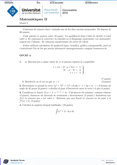 Vista previa de Examen PAU de Matemáticas II de Illes Balears 2016 – Ordinaria