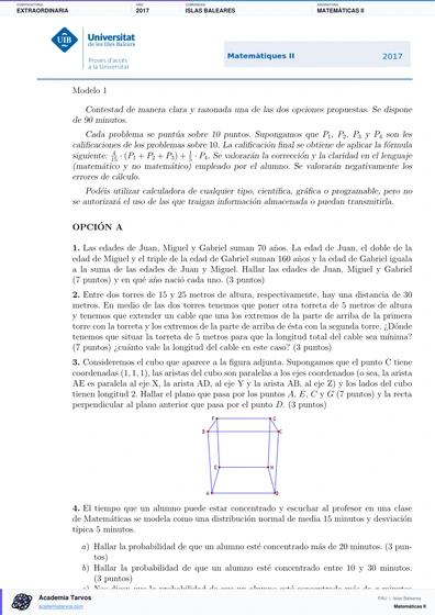 Vista previa de Examen PAU de Matemáticas II de Illes Balears 2017 – Extraordinaria