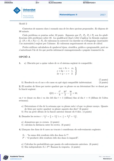 Vista previa de Examen PAU de Matemáticas II de Illes Balears 2017 – Ordinaria