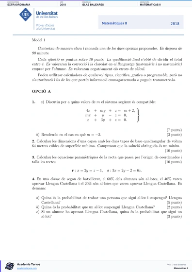 Vista previa de Examen PAU de Matemáticas II de Illes Balears 2018 – Extraordinaria