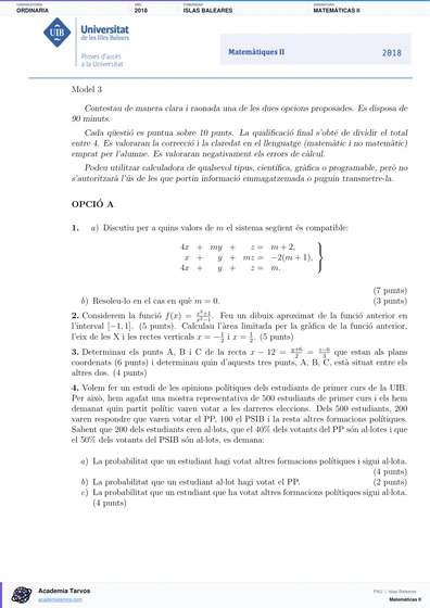 Vista previa de Examen PAU de Matemáticas II de Illes Balears 2018 – Ordinaria