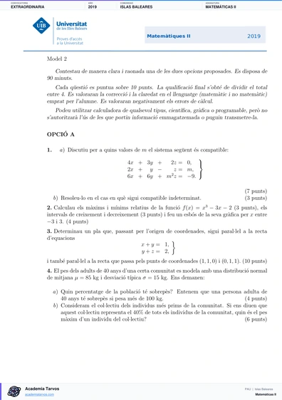 Vista previa de Examen PAU de Matemáticas II de Illes Balears 2019 – Extraordinaria