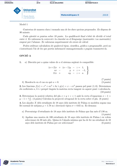 Vista previa de Examen PAU de Matemáticas II de Illes Balears 2019 – Ordinaria