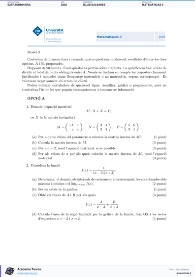 Vista previa de Examen PAU de Matemáticas II de Illes Balears 2020 – Extraordinaria
