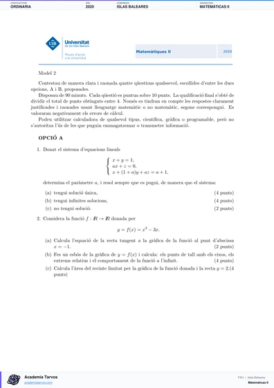 Vista previa de Examen PAU de Matemáticas II de Illes Balears 2020 – Ordinaria