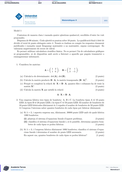 Vista previa de Examen PAU de Matemáticas II de Illes Balears 2021 – Extraordinaria