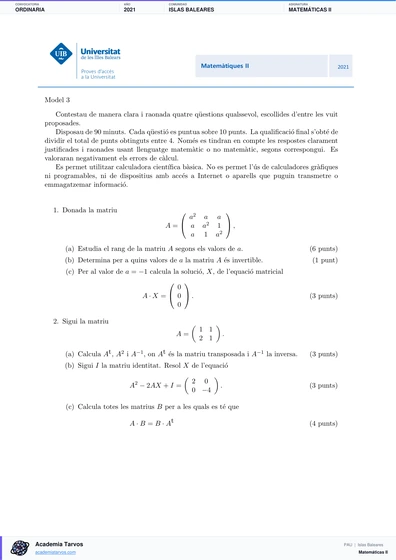 Vista previa de Examen PAU de Matemáticas II de Illes Balears 2021 – Ordinaria