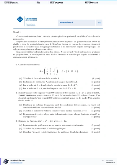 Vista previa de Examen PAU de Matemáticas II de Illes Balears 2022 – Extraordinaria