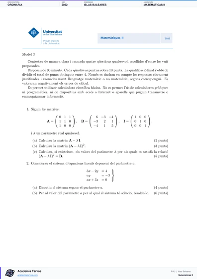 Vista previa de Examen PAU de Matemáticas II de Illes Balears 2022 – Ordinaria