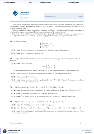 Vista previa de Examen PAU de Matemáticas II de Illes Balears 2023 – Extraordinaria
