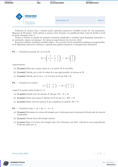 Vista previa de Examen PAU de Matemáticas II de Illes Balears 2023 – Ordinaria
