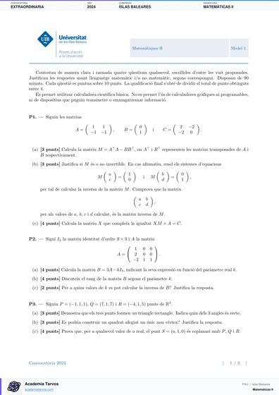 Vista previa de Examen PAU de Matemáticas II de Illes Balears 2024 – Extraordinaria