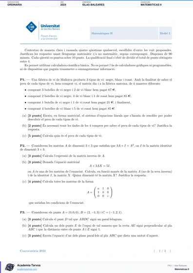Vista previa de Examen PAU de Matemáticas II de Illes Balears 2024 – Ordinaria