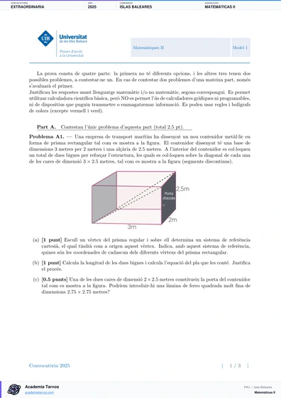 Vista previa de Examen PAU de Matemáticas II de Illes Balears 2025 – Extraordinaria