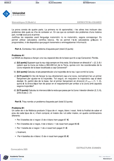 Vista previa de Modelo PAU de Matemáticas II de Illes Balears 2025