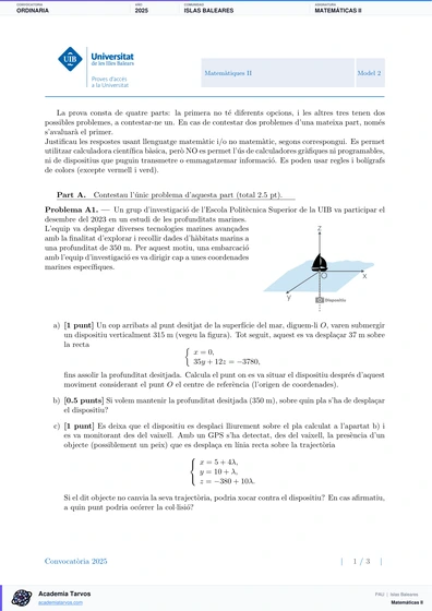 Vista previa de Examen PAU de Matemáticas II de Illes Balears 2025 – Ordinaria