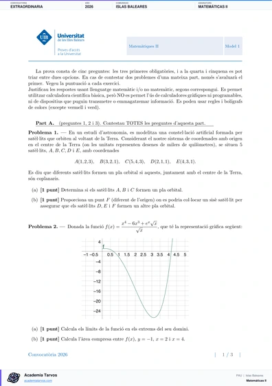 Vista previa de Examen PAU de Matemáticas II de Illes Balears 2026 – Extraordinaria