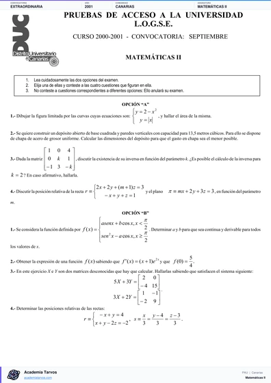 Vista previa de Examen PAU de Matemáticas II de Canarias 2001 – Extraordinaria
