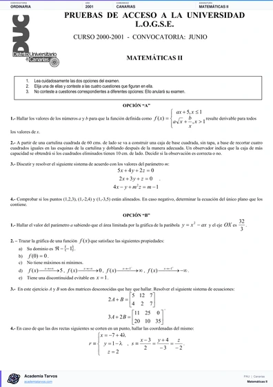 Vista previa de Examen PAU de Matemáticas II de Canarias 2001 – Ordinaria
