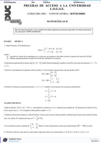 Vista previa de Examen PAU de Matemáticas II de Canarias 2002 – Extraordinaria