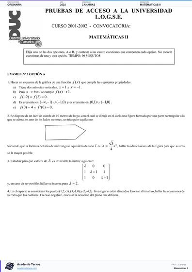 Vista previa de Examen PAU de Matemáticas II de Canarias 2002 – Ordinaria