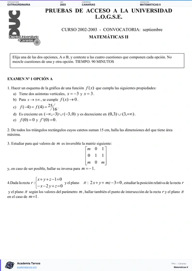 Vista previa de Examen PAU de Matemáticas II de Canarias 2003 – Extraordinaria