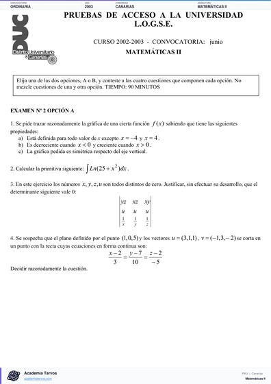 Vista previa de Examen PAU de Matemáticas II de Canarias 2003 – Ordinaria