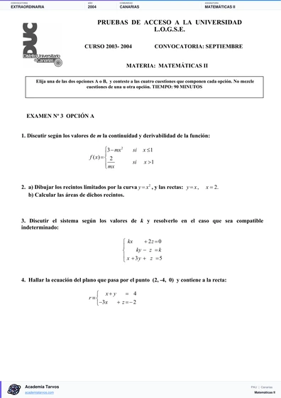 Vista previa de Examen PAU de Matemáticas II de Canarias 2004 – Extraordinaria