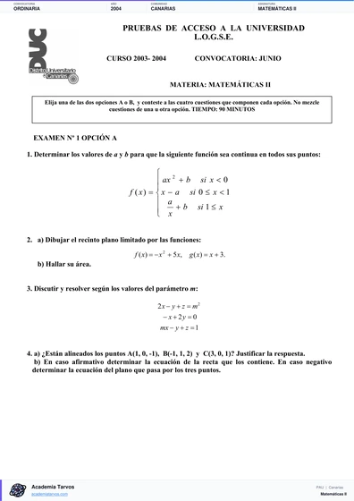 Vista previa de Examen PAU de Matemáticas II de Canarias 2004 – Ordinaria