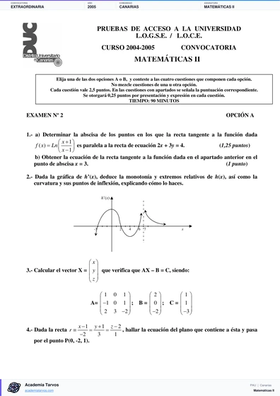 Vista previa de Examen PAU de Matemáticas II de Canarias 2005 – Extraordinaria