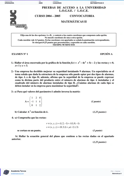 Vista previa de Examen PAU de Matemáticas II de Canarias 2005 – Ordinaria
