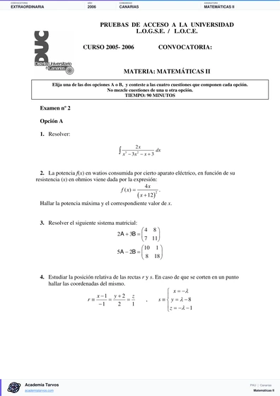 Vista previa de Examen PAU de Matemáticas II de Canarias 2006 – Extraordinaria