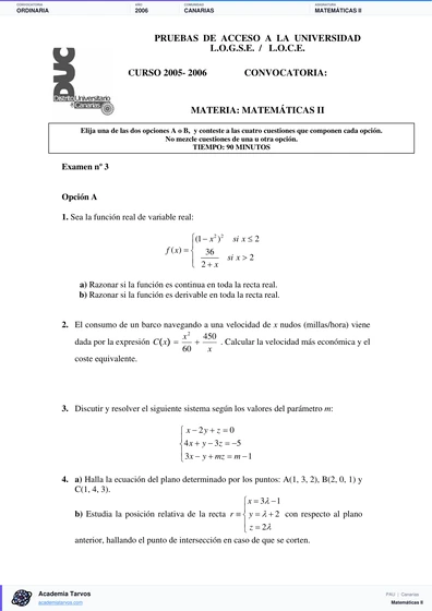 Vista previa de Examen PAU de Matemáticas II de Canarias 2006 – Ordinaria