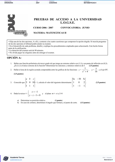 Vista previa de Examen PAU de Matemáticas II de Canarias 2007 – Ordinaria