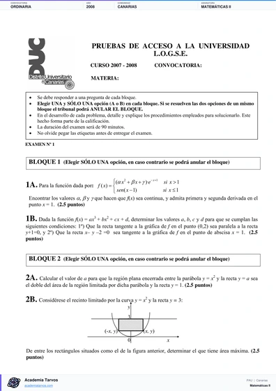 Vista previa de Examen PAU de Matemáticas II de Canarias 2008 – Ordinaria