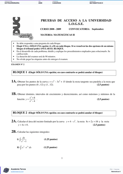 Vista previa de Examen PAU de Matemáticas II de Canarias 2009 – Extraordinaria