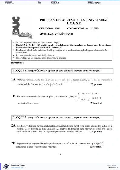 Vista previa de Examen PAU de Matemáticas II de Canarias 2009 – Ordinaria