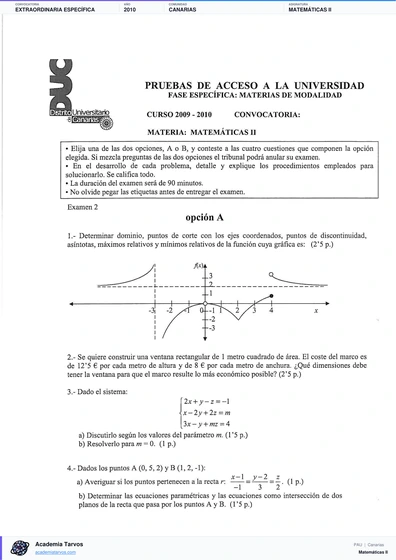 Vista previa de Examen PAU de Matemáticas II de Canarias 2010 – Extraordinaria Específica
