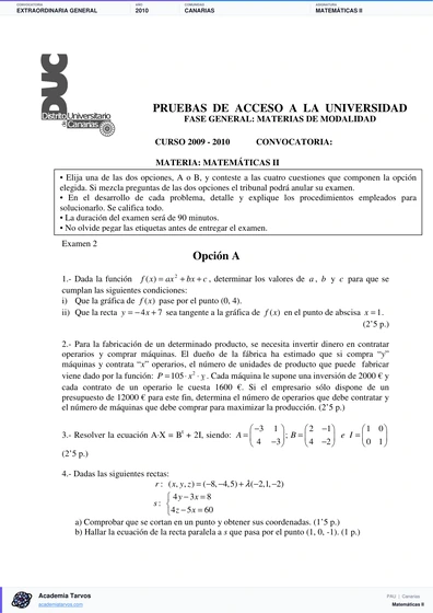 Vista previa de Examen PAU de Matemáticas II de Canarias 2010 – Extraordinaria General