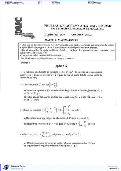 Vista previa de Examen PAU de Matemáticas II de Canarias 2010 – Ordinaria Específica