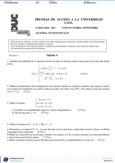 Vista previa de Examen PAU de Matemáticas II de Canarias 2011 – Extraordinaria