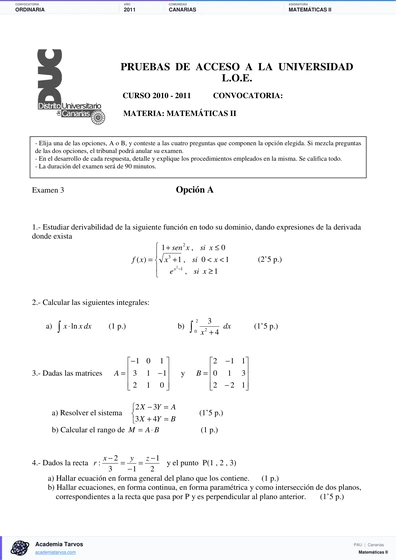 Vista previa de Examen PAU de Matemáticas II de Canarias 2011 – Ordinaria